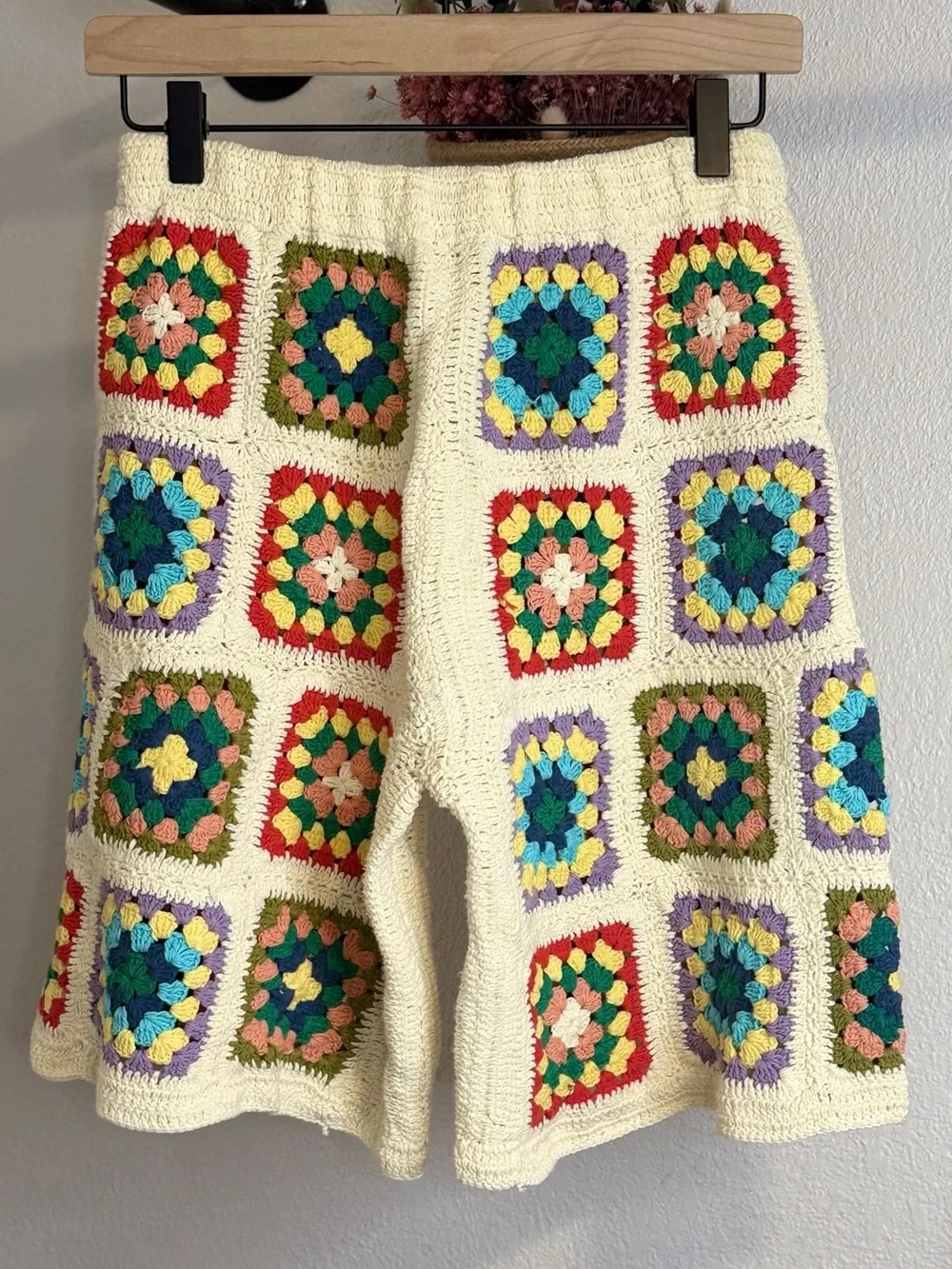 Free People x Flook Crocheted Granny Square Long Shorts Artisan Made Bali